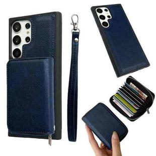 For Samsung Galaxy S22 Ultra 5G Solid Color Zipper 11-Card Slots Bag Phone Case with Lanyard(Blue)