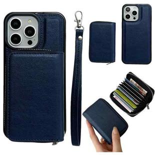 For iPhone 15 Pro Solid Color Zipper 11-Card Slots Bag Phone Case with Lanyard(Blue)