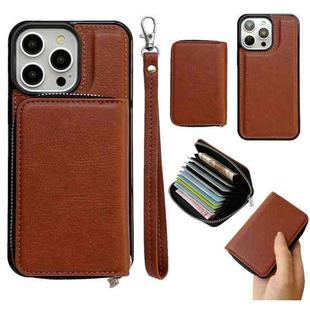 For iPhone 14 Pro Max Solid Color Zipper 11-Card Slots Bag Phone Case with Lanyard(Brown)