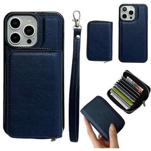 For iPhone 13 Pro Max Solid Color Zipper 11-Card Slots Bag Phone Case with Lanyard(Blue)