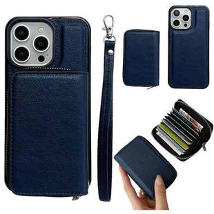 For iPhone 16 Pro Max Solid Color Zipper 11-Card Slots Bag Phone Case with Lanyard(Blue)