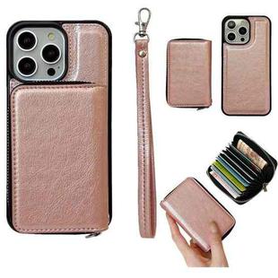 For iPhone 16 Pro Solid Color Zipper 11-Card Slots Bag Phone Case with Lanyard(Rose Gold)