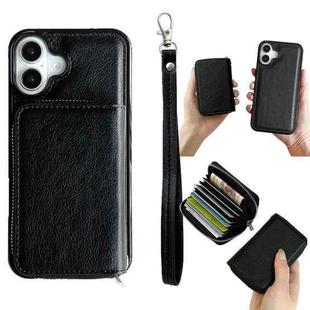 For iPhone 16 Plus Solid Color Zipper 11-Card Slots Bag Phone Case with Lanyard(Black)