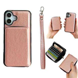 For iPhone 16 Plus Solid Color Zipper 11-Card Slots Bag Phone Case with Lanyard(Rose Gold)