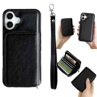 For iPhone 16 Solid Color Zipper 11-Card Slots Bag Phone Case with Lanyard(Black)