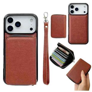 For iPhone 17 Pro Solid Color Zipper 11-Card Slots Bag Phone Case with Lanyard(Brown)