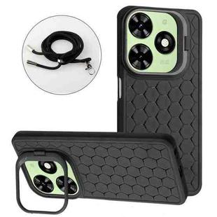 For Infinix Hot 40i Honeycomb Radiating Holder TPU Phone Case with Lanyard(Black)