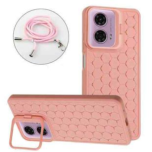 For Motorola Moto G24 / G04 Honeycomb Radiating Holder TPU Phone Case with Lanyard(Pink)