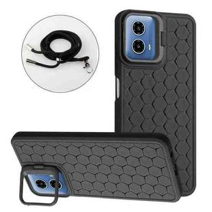 For Motorola Moto G34 Honeycomb Radiating Holder TPU Phone Case with Lanyard(Black)