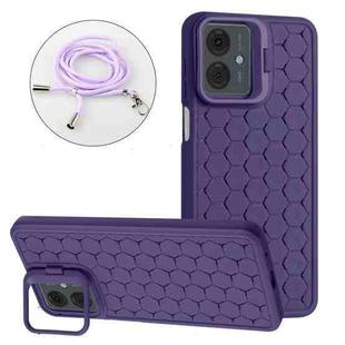 For Motorola Moto G14 Honeycomb Radiating Holder TPU Phone Case with Lanyard(Purple)