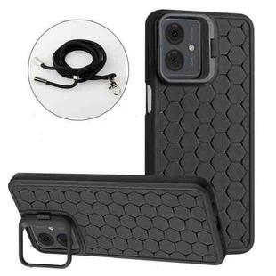 For Motorola Moto G14 Honeycomb Radiating Holder TPU Phone Case with Lanyard(Black)