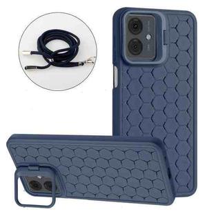 For Motorola Moto G14 Honeycomb Radiating Holder TPU Phone Case with Lanyard(Blue)