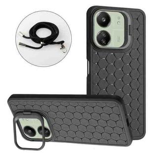 For Xiaomi Redmi 13C Honeycomb Radiating Holder TPU Phone Case with Lanyard(Black)