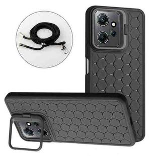 For Xiaomi Redmi Note 12 4G Global Honeycomb Radiating Holder TPU Phone Case with Lanyard(Black)