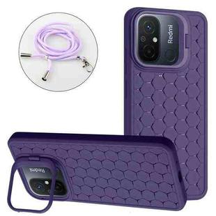 For Xiaomi Redmi 12C Honeycomb Radiating Holder TPU Phone Case with Lanyard(Purple)