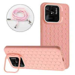 For Xiaomi Redmi 10C Honeycomb Radiating Holder TPU Phone Case with Lanyard(Pink)