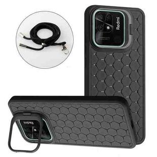 For Xiaomi Redmi 10C Honeycomb Radiating Holder TPU Phone Case with Lanyard(Black)