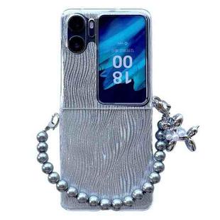 For OPPO Find N2 Flip PC Side Buckle+Ripples Glitter Paper Full Coverage Phone Case with Bracelet(Silver)