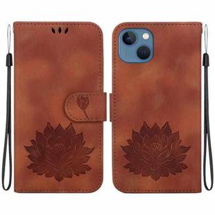 For iPhone 15 Plus Lotus Embossed Leather Phone Case(Brown)