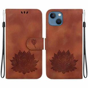 For iPhone 14 Lotus Embossed Leather Phone Case(Brown)