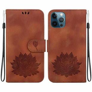 For iPhone 12 / 12 Pro Lotus Embossed Leather Phone Case(Brown)