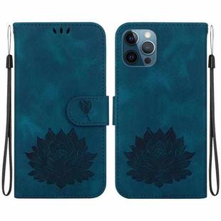 For iPhone 12 / 12 Pro Lotus Embossed Leather Phone Case(Dark Blue)