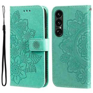 For Sony Xperia 1 VII Seven-petal Flowers Embossing Leather Phone Case(Green)