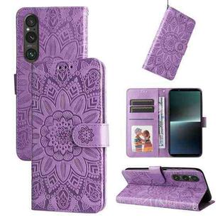 For Sony Xperia 1 V Embossed Sunflower Leather Phone Case(Purple)