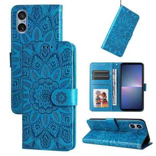 For Sony Xperia 5 V Embossed Sunflower Leather Phone Case(Blue)