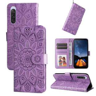 For Sony Xperia 10 V Embossed Sunflower Leather Phone Case(Purple)