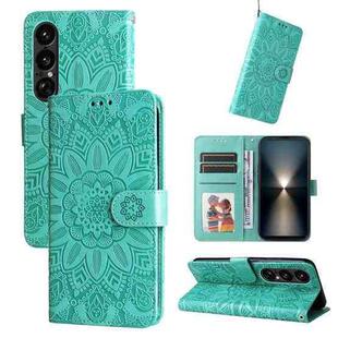 For Sony Xperia 1 VII Embossed Sunflower Leather Phone Case(Green)
