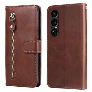 For Sony Xperia 1 VII Fashion Calf Texture Zipper Leather Phone Case(Brown)