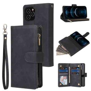 For iPhone 12 Pro Max Multifunctional Retro Frosted Horizontal Flip Leather Case with Card Slot & Holder & Zipper Wallet & Photo Frame & Lanyard(Black)