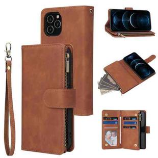 For iPhone 12 Pro Max Multifunctional Retro Frosted Horizontal Flip Leather Case with Card Slot & Holder & Zipper Wallet & Photo Frame & Lanyard(Brown)