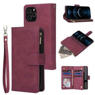 For iPhone 12 Pro Max Multifunctional Retro Frosted Horizontal Flip Leather Case with Card Slot & Holder & Zipper Wallet & Photo Frame & Lanyard(Red Wine)