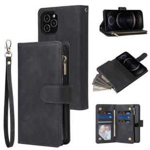 For iPhone 12 / 12 Pro Multifunctional Retro Frosted Horizontal Flip Leather Case with Card Slot & Holder & Zipper Wallet & Photo Frame & Lanyard(Black)