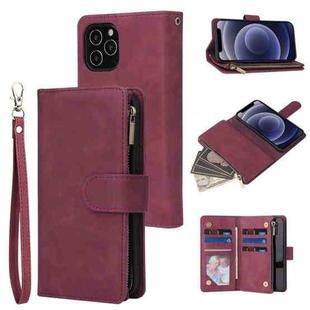 For iPhone 12 mini Multifunctional Retro Frosted Horizontal Flip Leather Case with Card Slot & Holder & Zipper Wallet & Photo Frame & Lanyard(Red Wine)