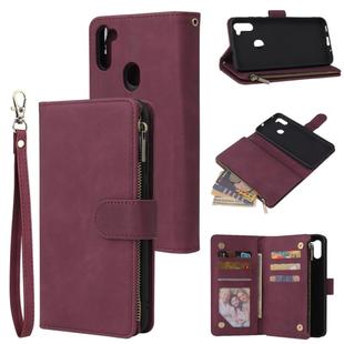 For Samsung Galaxy A11 Multifunctional Retro Frosted Horizontal Flip Leather Case with Card Slot & Holder & Zipper Wallet & Photo Frame & Lanyard(Red Wine)
