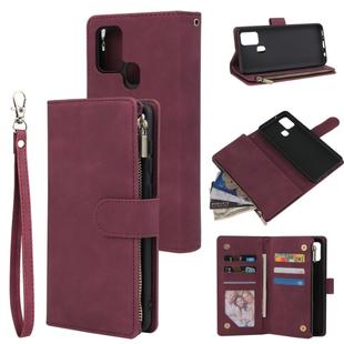 For Samsung Galaxy A21s Multifunctional Retro Frosted Horizontal Flip Leather Case with Card Slot & Holder & Zipper Wallet & Photo Frame & Lanyard(Red Wine)