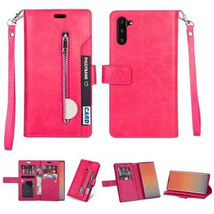 For Samsung Galaxy Note10 Multifunctional Zipper Horizontal Flip Leather Case with Holder & Wallet & 9 Card Slots & Lanyard(Rose Red)