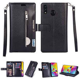 For Samsung Galaxy A20s Multifunctional Zipper Horizontal Flip Leather Case with Holder & Wallet & 9 Card Slots & Lanyard(Black)