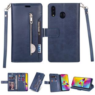 For Samsung Galaxy A20s Multifunctional Zipper Horizontal Flip Leather Case with Holder & Wallet & 9 Card Slots & Lanyard(Blue)