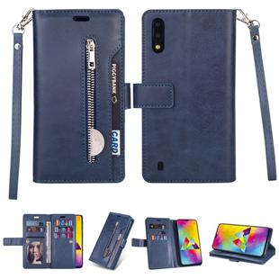 For Samsung Galaxy M10 / Galaxy A10 Multifunctional Zipper Horizontal Flip Leather Case with Holder & Wallet & 9 Card Slots & Lanyard(Blue)
