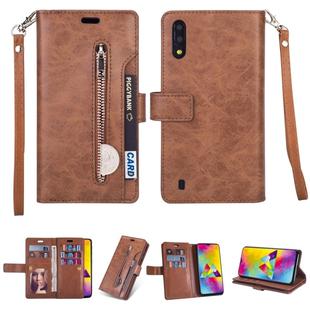 For Samsung Galaxy M10 / Galaxy A10 Multifunctional Zipper Horizontal Flip Leather Case with Holder & Wallet & 9 Card Slots & Lanyard(Brown)