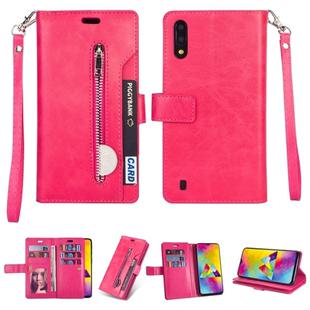 For Samsung Galaxy M10 / Galaxy A10 Multifunctional Zipper Horizontal Flip Leather Case with Holder & Wallet & 9 Card Slots & Lanyard(Rose Red)