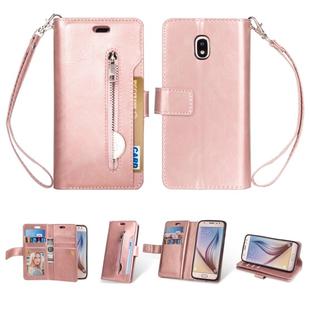 For Samsung Galaxy J3 (2018) / Galaxy J7 (2018) Multifunctional Zipper Horizontal Flip Leather Case with Holder & Wallet & 9 Card Slots & Lanyard(Rose Gold)