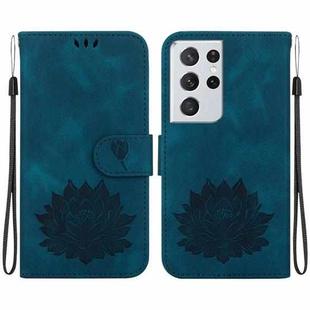 For Samsung Galaxy S21 Ultra 5G Lotus Embossed Leather Phone Case(Dark Blue)