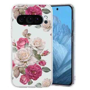 For Google Pixel 9 Colored Drawing Pattern Transparent TPU Phone Case(Peony)