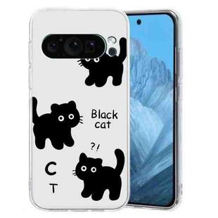 For Google Pixel 9 Colored Drawing Pattern Transparent TPU Phone Case(Black Cat)