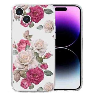 For iPhone 15 Plus Colored Drawing Pattern Transparent TPU Phone Case(Peony)